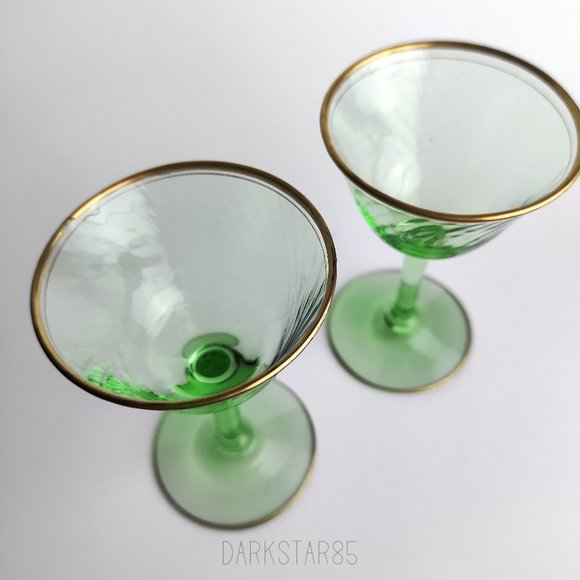 Pair of Vintage Green Gold-Trimmed Small Stemware Glasses - Picture 2 of 8
